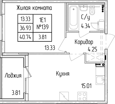 1-комнатная квартира 36.93 м², 1/4 эт., ЖК «Любоград в Стрельне»
